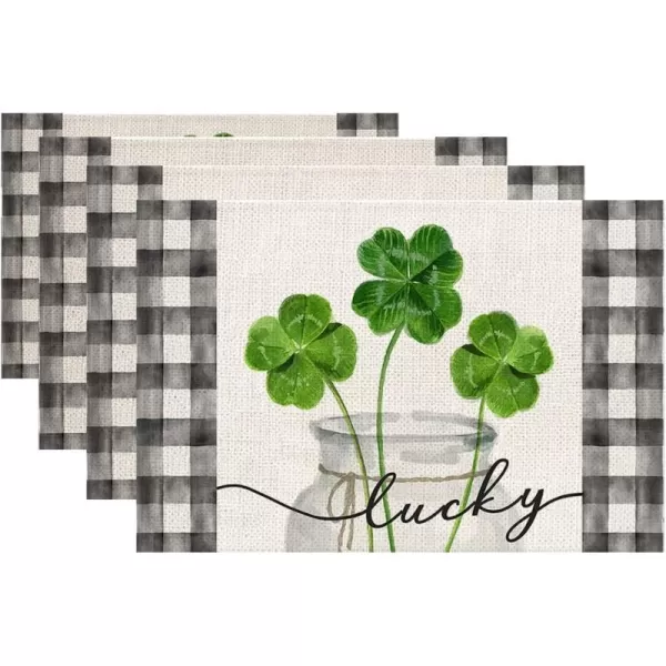 ARKENY St Patricks Day Green Shamrock Placemats 12X18 Inches Set of 4 Buffalo Plaid Vase Spring Seasonal Holiday Decor for Dining Table Indoor Home Farmhouse Tabletop Decoration AP253placemats 12X18