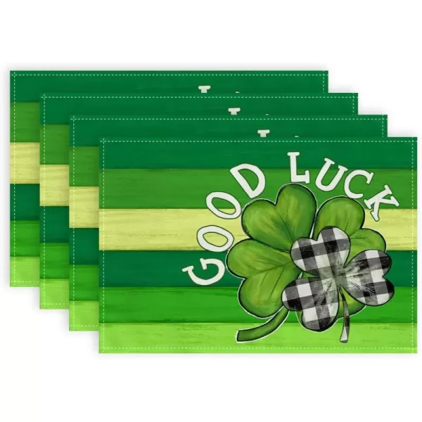 ARKENY St Patricks Day Placemats 12x18 Inches Set of 4 Shamrock Good Luck Spring Seasonal Farmhouse Burlap Green Stripe Indoor Kitchen Dining Table Mats Decorations for Home Party AP5384Green Placemats Set of 4  12X18