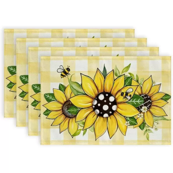 ARKENY Summer Placemats 12x18 Inches Set of 4 Sunflower Bee Yellow Seasonal Farmhouse Buffalo Plaid Burlap Indoor Kitchen Anniversary Dining Table Mats Decor for Home Party AP6054Yellow