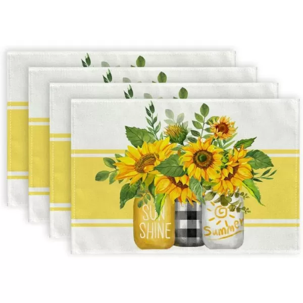 ARKENY Summer Placemats 12x18 Inches Set of 4 Sunflower Vase Sunshine Yellow Seasonal Farmhouse Stripe Burlap Indoor Kitchen Anniversary Dining Table Mats Decor for Home Party AP6064Yellow