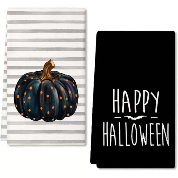 Halloween Kitchen Dish Towels Black Pumpkin Polka dot Stripes 18x26 Inch Ultra Absorbent Bar Drying Cloth Vintage Tea Sign Hand Towel for Cooking Set of 2 AD091Black Farmhouse