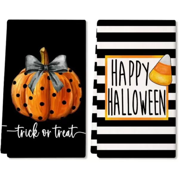 Halloween Kitchen Dish Towels Black Pumpkin Polka dot Stripes 18x26 Inch Ultra Absorbent Bar Drying Cloth Vintage Tea Sign Hand Towel for Cooking Set of 2 AD091Black 2 Farmhouse