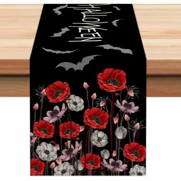Happy Halloween Decorations Poppy Flower Black Table Runner 13x72 Inches Long Bat Farmhouse Holiday Party Decor Indoor Vintage Theme Gathering Dinner AT290Happy Halloween Decorations Poppy Flower Black Table Runner 13x72 Inches Long Bat Farmhouse Holiday Party Decor Indoor Vintage Theme Gathering Dinner AT290