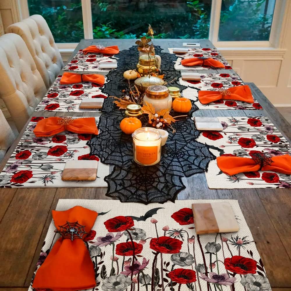 Halloween Decorations Poppy Flower Placemats 12 x 18 Inch Set of 4 Party Dcor Rustic Vintage Washable Table Mats AP163Halloween Decorations Poppy Flower Placemats 12 x 18 Inch Set of 4 Party Dcor Rustic Vintage Washable Table Mats AP163