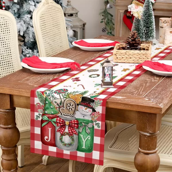 ARKENY Christmas Table Runner 13x72 InchesMason Jar Joy Gingerbread Snowman Tree Winter Seasonal Burlap Red Plaid Farmhouse Indoor Kitchen Dining Table Holiday Decoration for Home Party AT46872Red Mason Jar Table Runner  13X72