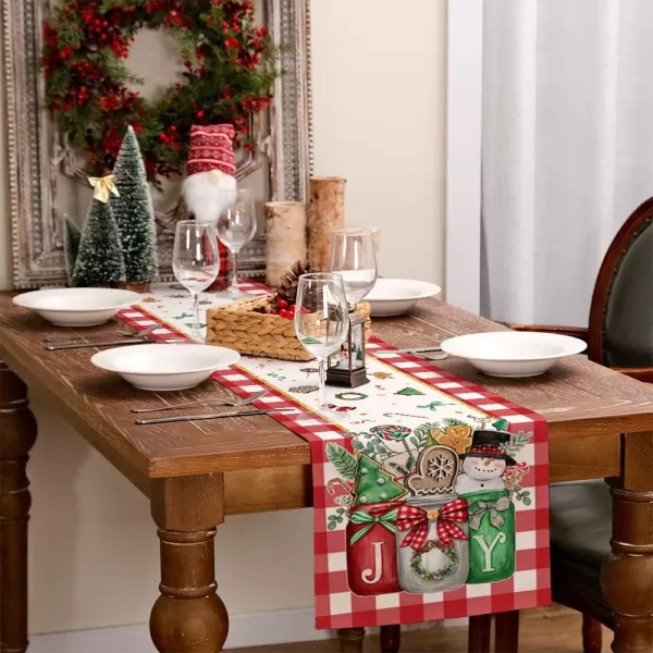 ARKENY Christmas Table Runner 13x72 InchesMason Jar Joy Gingerbread Snowman Tree Winter Seasonal Burlap Red Plaid Farmhouse Indoor Kitchen Dining Table Holiday Decoration for Home Party AT46872Red Mason Jar Table Runner  13X72