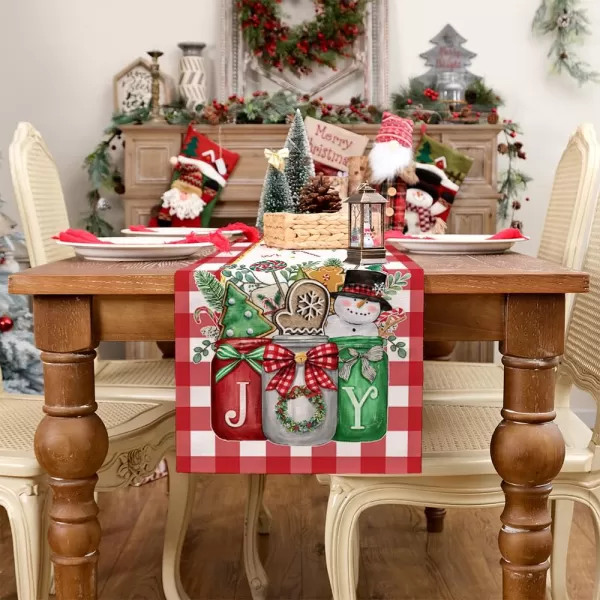 ARKENY Christmas Table Runner 13x72 InchesMason Jar Joy Gingerbread Snowman Tree Winter Seasonal Burlap Red Plaid Farmhouse Indoor Kitchen Dining Table Holiday Decoration for Home Party AT46872Red Mason Jar Table Runner  13X72