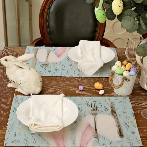 ARKENY Easter Placemats 12x18 Inches Set of 4 Bunny Rabbit Ears Floral Spring Summer Seasonal Farmhouse Blue Burlap Indoor Kitchen Dining Table Mats Decorations for Home Party AP5544Blue Placemats Set of 4  12X18