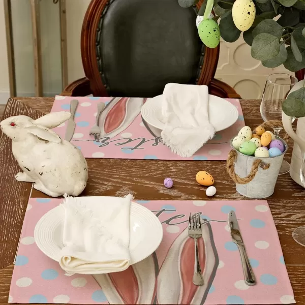 ARKENY Easter Placemats 12x18 Inches Set of 4 Bunny Rabbit Ears Pink Spring Summer Seasonal Farmhouse Polka Dot Burlap Indoor Kitchen Dining Table Mats Decorations for Home Party AP5574Pink Placemats Set of 4  12X18