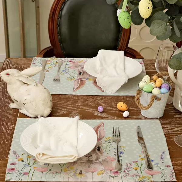 ARKENY Easter Placemats 12x18 Inches Set of 4 Bunny Rabbit Floral Spring Summer Seasonal Farmhouse Polka Dot Green Burlap Indoor Kitchen Dining Table Mats Decorations for Home Party AP5584Green Placemats Set of 4  12X18