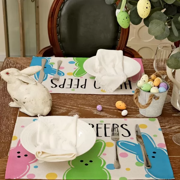 ARKENY Easter Placemats 12x18 Inches Set of 4 Bunny Rabbit Hello Peeps Spring Summer Seasonal Farmhouse Polka Dot Burlap Indoor Kitchen Dining Table Mats Decorations for Home Party AP5674PinkBlue Placemats Set of 4  12X18