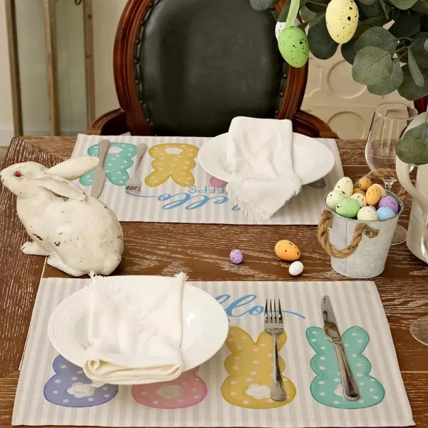 ARKENY Easter Placemats 12x18 Inches Set of 4 Bunny Rabbit Hello Peeps Spring Summer Seasonal Farmhouse Stripe Burlap Indoor Kitchen Dining Table Mats Decorations for Home Party AP5694Beige Placemats Set of 4  12X18