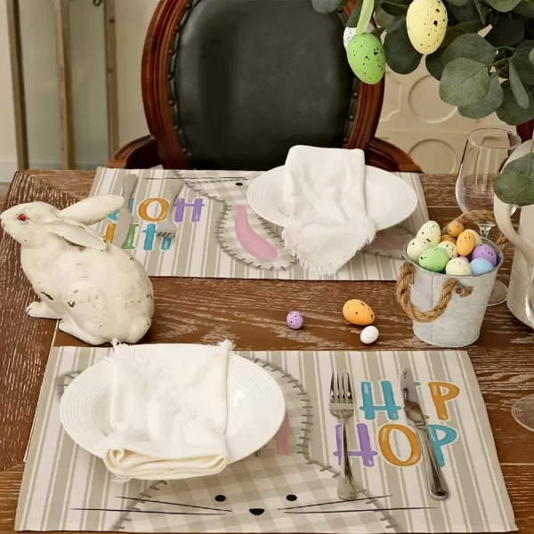 ARKENY Easter Placemats 12x18 Inches Set of 4 Bunny Rabbit Hip Hop Spring Summer Seasonal Farmhouse Stripe Burlap Indoor Kitchen Dining Table Mats Decorations for Home Party AP5604Beige Placemats Set of 4  12X18