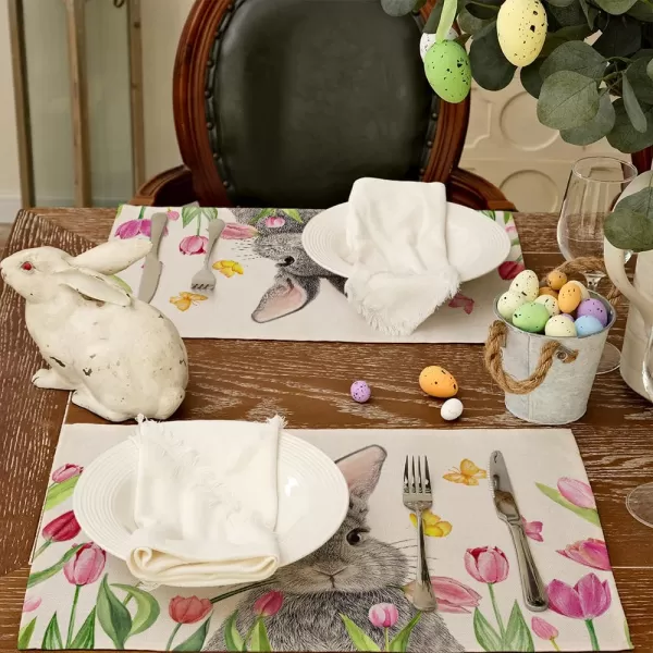 ARKENY Easter Placemats 12x18 Inches Set of 4 Bunny Rabbit Tulips Floral Spring Summer Seasonal Farmhouse Burlap Indoor Kitchen Dining Table Mats Decorations for Home Party AP5564Offwhite Placemats Set of 4  12X18