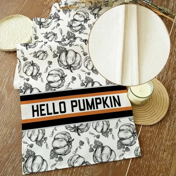 ARKENY Fall Thanksgiving Placemats 12x18 Inches Set of 4Hello Pumpkin Hand DrawnSeasonal Burlap Farmhouse Orange White Indoor Kitchen Dining Table Autumn Decorations for Home Party AP44718White Table Runner  13X72