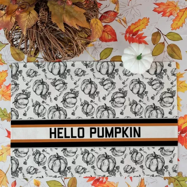 ARKENY Fall Thanksgiving Placemats 12x18 Inches Set of 4Hello Pumpkin Hand DrawnSeasonal Burlap Farmhouse Orange White Indoor Kitchen Dining Table Autumn Decorations for Home Party AP44718White Placemats Set of 4  12X18