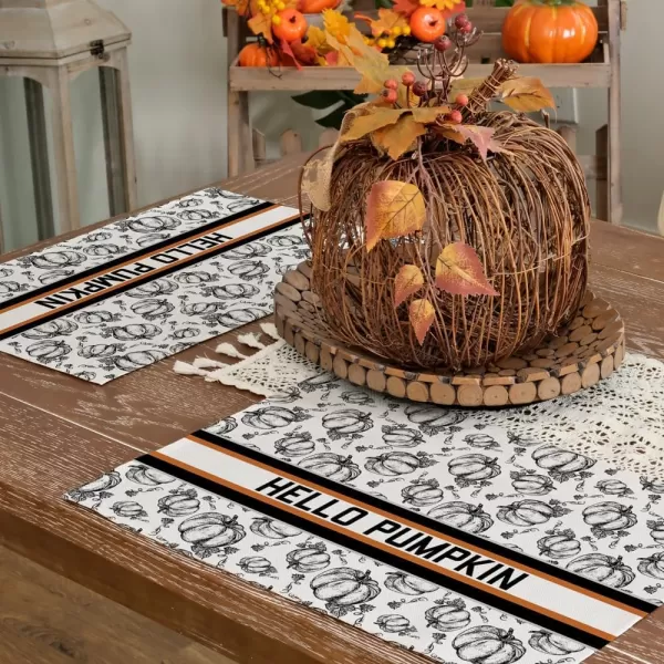 ARKENY Fall Thanksgiving Placemats 12x18 Inches Set of 4Hello Pumpkin Hand DrawnSeasonal Burlap Farmhouse Orange White Indoor Kitchen Dining Table Autumn Decorations for Home Party AP44718White Placemats Set of 4  12X18