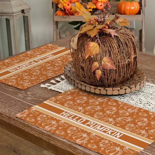 ARKENY Fall Thanksgiving Placemats 12x18 Inches Set of 4Hello Pumpkin Hand DrawnSeasonal Burlap Farmhouse Orange White Indoor Kitchen Dining Table Autumn Decorations for Home Party AP44718Orange Placemats Set of 4  12X18