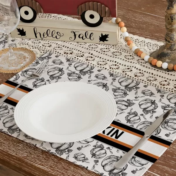 ARKENY Fall Thanksgiving Placemats 12x18 Inches Set of 4Hello Pumpkin Hand DrawnSeasonal Burlap Farmhouse Orange White Indoor Kitchen Dining Table Autumn Decorations for Home Party AP44718White Placemats Set of 4  12X18