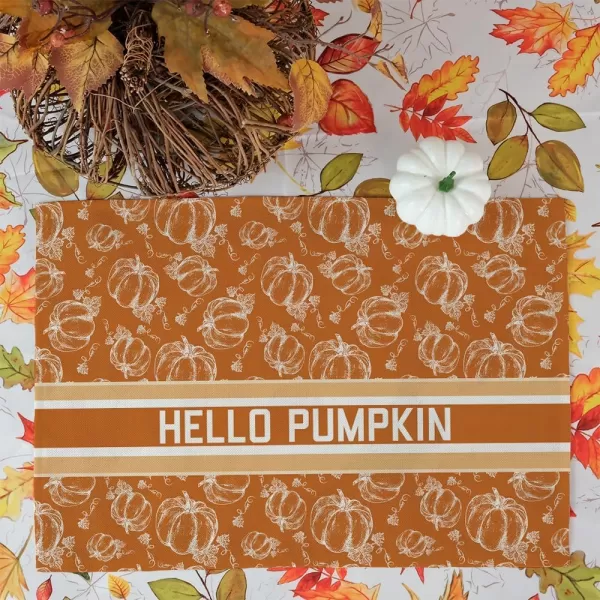 ARKENY Fall Thanksgiving Placemats 12x18 Inches Set of 4Hello Pumpkin Hand DrawnSeasonal Burlap Farmhouse Orange White Indoor Kitchen Dining Table Autumn Decorations for Home Party AP44718Orange Placemats Set of 4  12X18