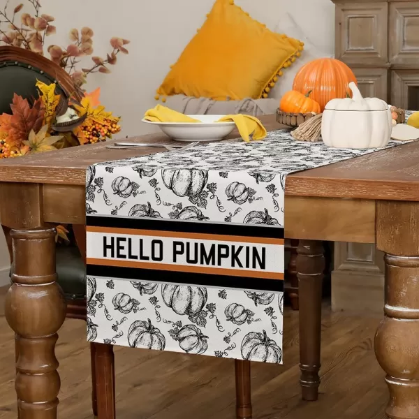 ARKENY Fall Thanksgiving Placemats 12x18 Inches Set of 4Hello Pumpkin Hand DrawnSeasonal Burlap Farmhouse Orange White Indoor Kitchen Dining Table Autumn Decorations for Home Party AP44718White Table Runner  13X72