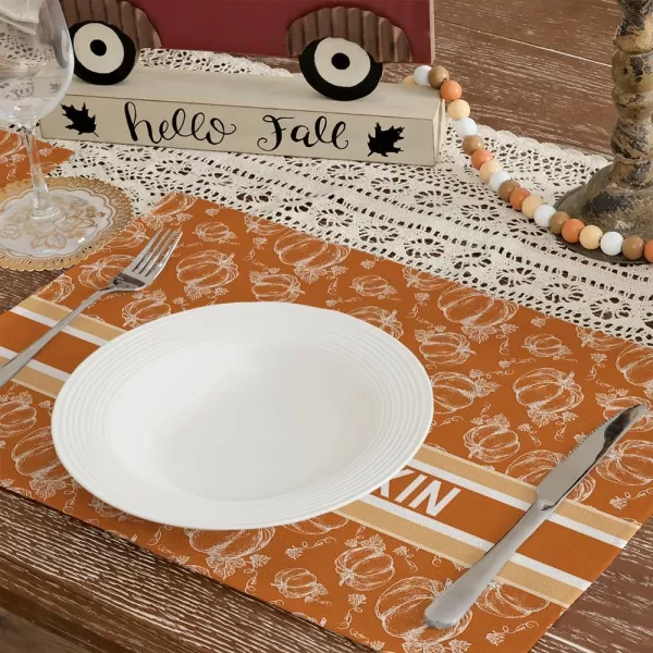 ARKENY Fall Thanksgiving Placemats 12x18 Inches Set of 4Hello Pumpkin Hand DrawnSeasonal Burlap Farmhouse Orange White Indoor Kitchen Dining Table Autumn Decorations for Home Party AP44718Orange Placemats Set of 4  12X18