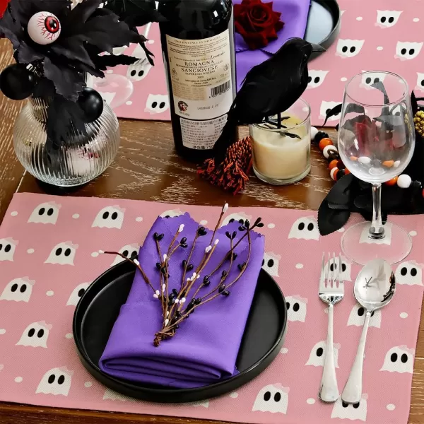 ARKENY Halloween Placemats 12x18 Inches Set of 4Spooky Bowknot Ghost Pink Seasonal Burlap Farmhouse Indoor Kitchen Dining Table Decorations for Home Party AP49218Pink Placemats Set of 4  12X18