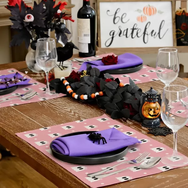 ARKENY Halloween Placemats 12x18 Inches Set of 4Spooky Bowknot Ghost Pink Seasonal Burlap Farmhouse Indoor Kitchen Dining Table Decorations for Home Party AP49218Pink Placemats Set of 4  12X18