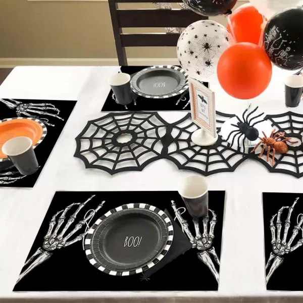 ARKENY Halloween Skeleton Spooky Spider Black Placemats 12x18 Inches Set of 4Seasonal Farmhouse Indoor Kitchen Dining Table Decorations for Home Party AP15818Black Placemats Set of 4  12X18