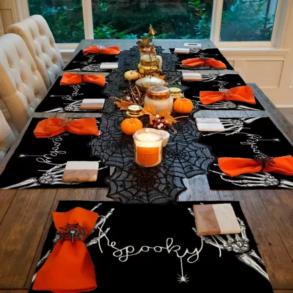 ARKENY Halloween Skeleton Spooky Spider Black Placemats 12x18 Inches Set of 4Seasonal Farmhouse Indoor Kitchen Dining Table Decorations for Home Party AP15818Black Placemats Set of 4  12X18