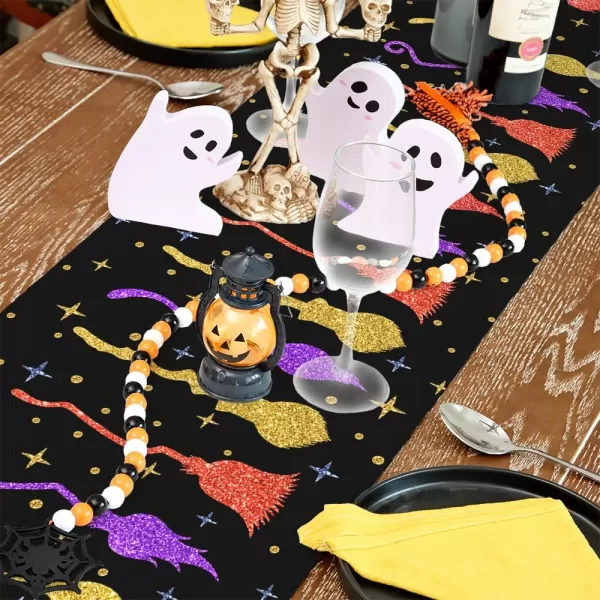 ARKENY Halloween Table Runner 13x72 InchesSanderson Sisters Broomstick Hocus Pocus Seasonal Burlap Star Polka Dots Farmhouse Indoor Kitchen Dining Table Decorations for Home Party AT46072Multi Color Table Runner  13X72