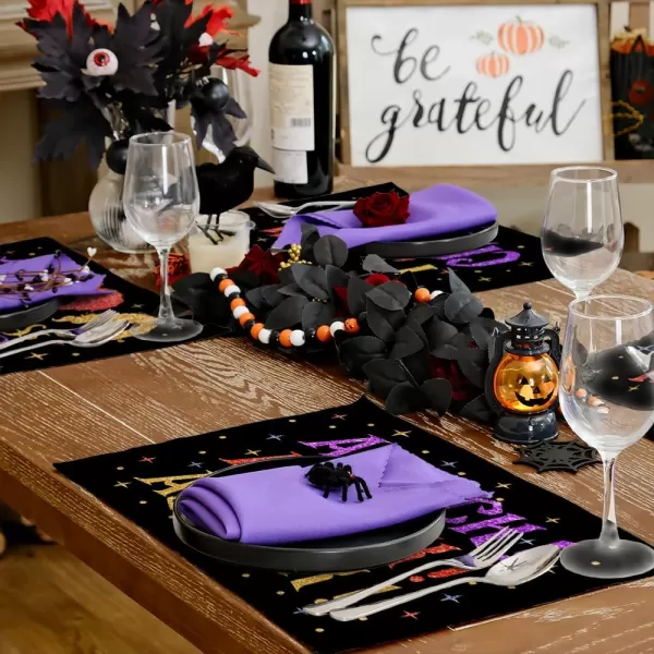 ARKENY Halloween Table Runner 13x72 InchesSanderson Sisters Broomstick Hocus Pocus Seasonal Burlap Star Polka Dots Farmhouse Indoor Kitchen Dining Table Decorations for Home Party AT46072Multicolor Placemats Set of 4  12X18