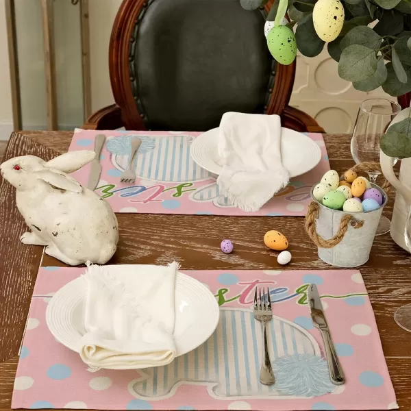 ARKENY Happy Easter Placemats 12x18 Inches Set of 4 Bunny Rabbit Stripe Pink Spring Summer Seasonal Farmhouse Polka Dot Burlap Indoor Kitchen Dining Table Mats Decorations for Home Party AP5684Pink Placemats Set of 4  12X18