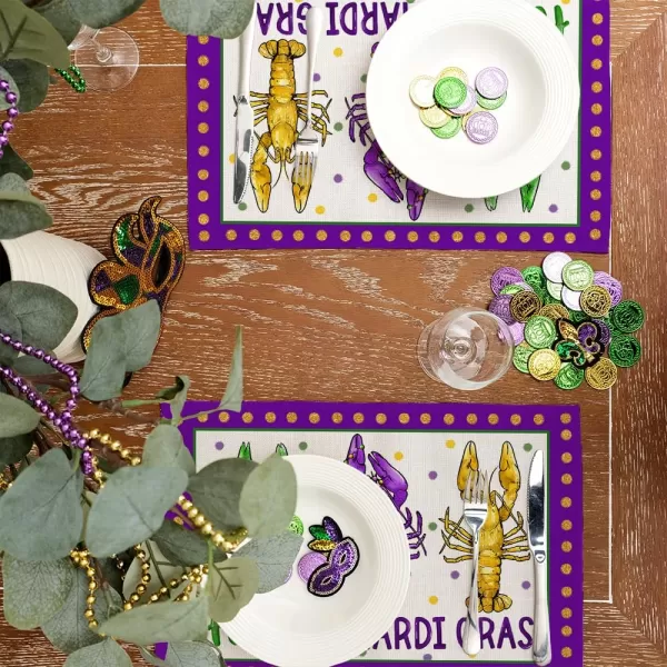 ARKENY Happy Mardi Gras Placemats 12x18 Inches Set of 4 Carnival Masquerade Beads Seasonal Farmhouse Burlap Indoor Kitchen Dining Table Mats Decorations for Home Party AP3574Purple Placemats Set of 4  12X18