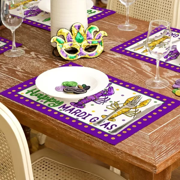 ARKENY Happy Mardi Gras Placemats 12x18 Inches Set of 4 Carnival Masquerade Beads Seasonal Farmhouse Burlap Indoor Kitchen Dining Table Mats Decorations for Home Party AP3574Purple Placemats Set of 4  12X18