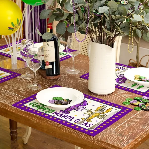 ARKENY Happy Mardi Gras Placemats 12x18 Inches Set of 4 Carnival Masquerade Beads Seasonal Farmhouse Burlap Indoor Kitchen Dining Table Mats Decorations for Home Party AP3574Purple Placemats Set of 4  12X18