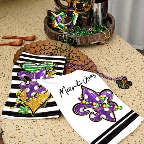 ARKENY Mardi Gras Kitchen Towels Set of 2Purple Fleur De Lis Beads Dish Towels 18x26 Inch Drying DishclothFarmhouse Home Mardi Gras Carnival Seasonal Holiday Decorations AD195Purple Fleur De Lis