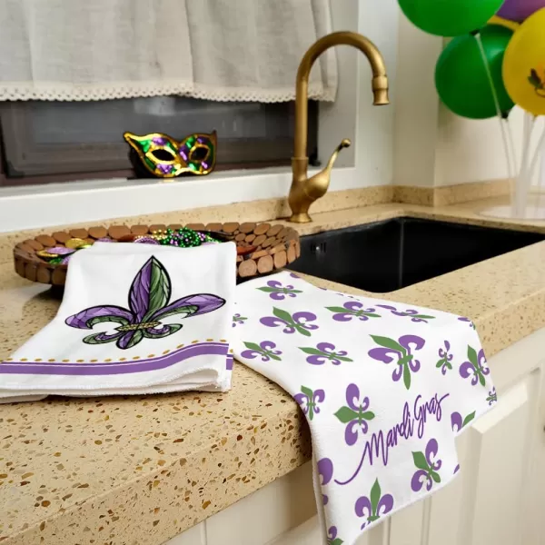 ARKENY Mardi Gras Kitchen Towels Set of 2Purple Fleur De Lis Beads Dish Towels 18x26 Inch Drying DishclothFarmhouse Home Mardi Gras Carnival Seasonal Holiday Decorations AD195White