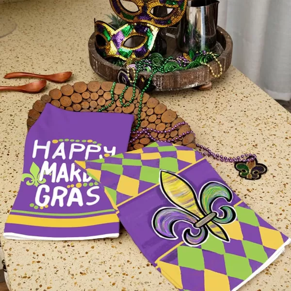 ARKENY Mardi Gras Kitchen Towels Set of 2Purple Fleur De Lis Beads Dish Towels 18x26 Inch Drying DishclothFarmhouse Home Mardi Gras Carnival Seasonal Holiday Decorations AD195Yellow Fleur De Lis