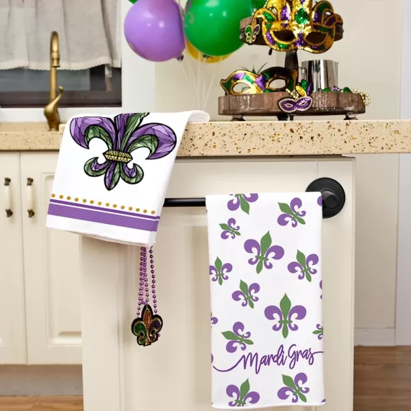 ARKENY Mardi Gras Kitchen Towels Set of 2Purple Fleur De Lis Beads Dish Towels 18x26 Inch Drying DishclothFarmhouse Home Mardi Gras Carnival Seasonal Holiday Decorations AD195White