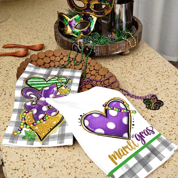 ARKENY Mardi Gras Kitchen Towels Set of 2Purple Fleur De Lis Beads Dish Towels 18x26 Inch Drying DishclothFarmhouse Home Mardi Gras Carnival Seasonal Holiday Decorations AD195Purple Heart