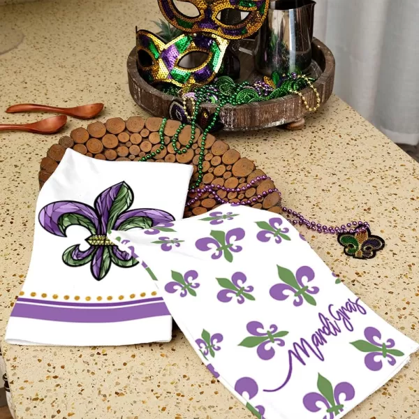 ARKENY Mardi Gras Kitchen Towels Set of 2Purple Fleur De Lis Beads Dish Towels 18x26 Inch Drying DishclothFarmhouse Home Mardi Gras Carnival Seasonal Holiday Decorations AD195White