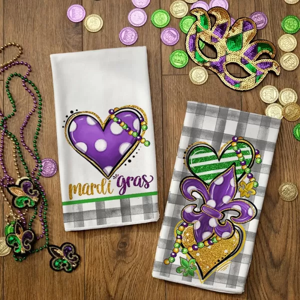 ARKENY Mardi Gras Kitchen Towels Set of 2Purple Fleur De Lis Beads Dish Towels 18x26 Inch Drying DishclothFarmhouse Home Mardi Gras Carnival Seasonal Holiday Decorations AD195Purple Heart