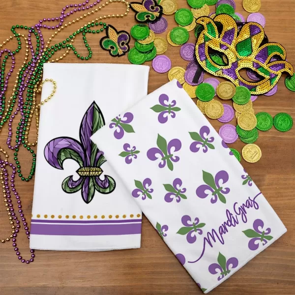 ARKENY Mardi Gras Kitchen Towels Set of 2Purple Fleur De Lis Beads Dish Towels 18x26 Inch Drying DishclothFarmhouse Home Mardi Gras Carnival Seasonal Holiday Decorations AD195White