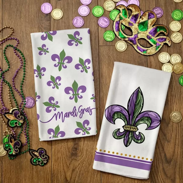 ARKENY Mardi Gras Kitchen Towels Set of 2Purple Fleur De Lis Beads Dish Towels 18x26 Inch Drying DishclothFarmhouse Home Mardi Gras Carnival Seasonal Holiday Decorations AD195White