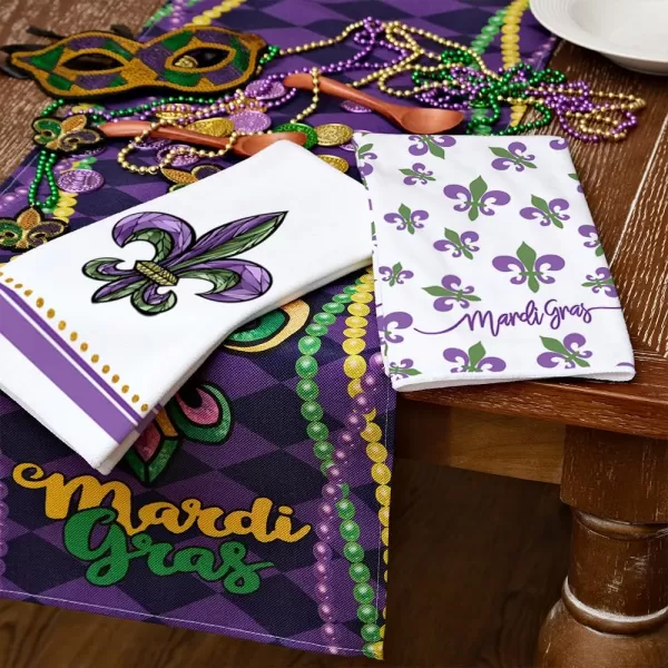 ARKENY Mardi Gras Kitchen Towels Set of 2Purple Fleur De Lis Beads Dish Towels 18x26 Inch Drying DishclothFarmhouse Home Mardi Gras Carnival Seasonal Holiday Decorations AD195White