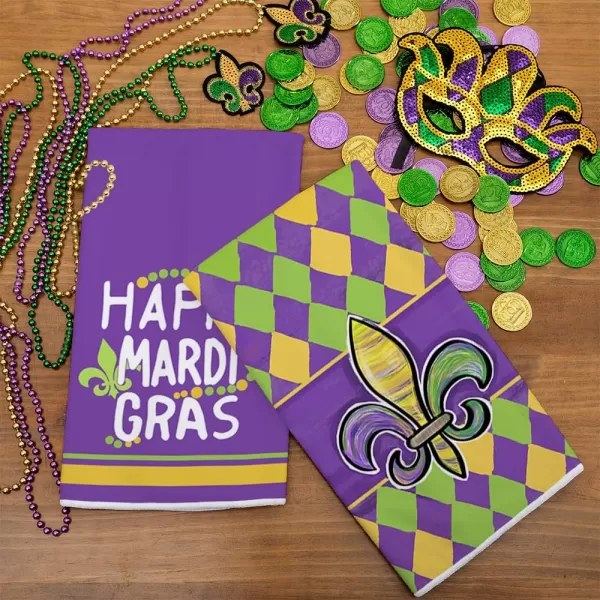 ARKENY Mardi Gras Kitchen Towels Set of 2Purple Fleur De Lis Beads Dish Towels 18x26 Inch Drying DishclothFarmhouse Home Mardi Gras Carnival Seasonal Holiday Decorations AD195Yellow Fleur De Lis