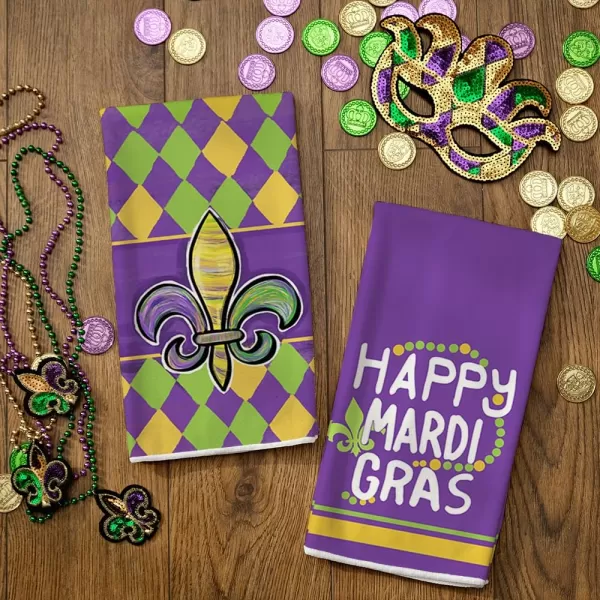 ARKENY Mardi Gras Kitchen Towels Set of 2Purple Fleur De Lis Beads Dish Towels 18x26 Inch Drying DishclothFarmhouse Home Mardi Gras Carnival Seasonal Holiday Decorations AD195Yellow Fleur De Lis