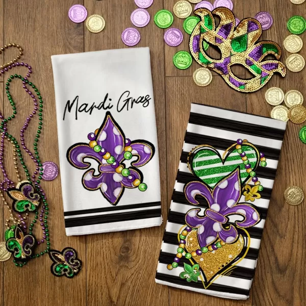 ARKENY Mardi Gras Kitchen Towels Set of 2Purple Fleur De Lis Beads Dish Towels 18x26 Inch Drying DishclothFarmhouse Home Mardi Gras Carnival Seasonal Holiday Decorations AD195Purple Fleur De Lis