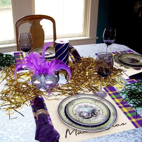 ARKENY Mardi Gras Table Runner 72 InchesPurple Green Yellow Buffalo Plaid Fleur De Lis Coffee Home Dining Indoor Holiday Farmhouse Tabletop Decor AT071placemats 12X18